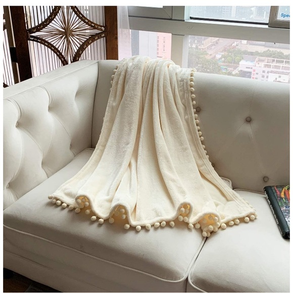 Light Cream Neutral Trendy Cute Pompom Fringe Chic Cozy Soft Throw Blanket - Picture 5 of 16